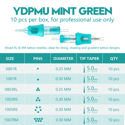 YDPMU Mint Green PMU Cartridge Needles – 316 Medical Grade, EO Sterilized, 10Pcs/Box