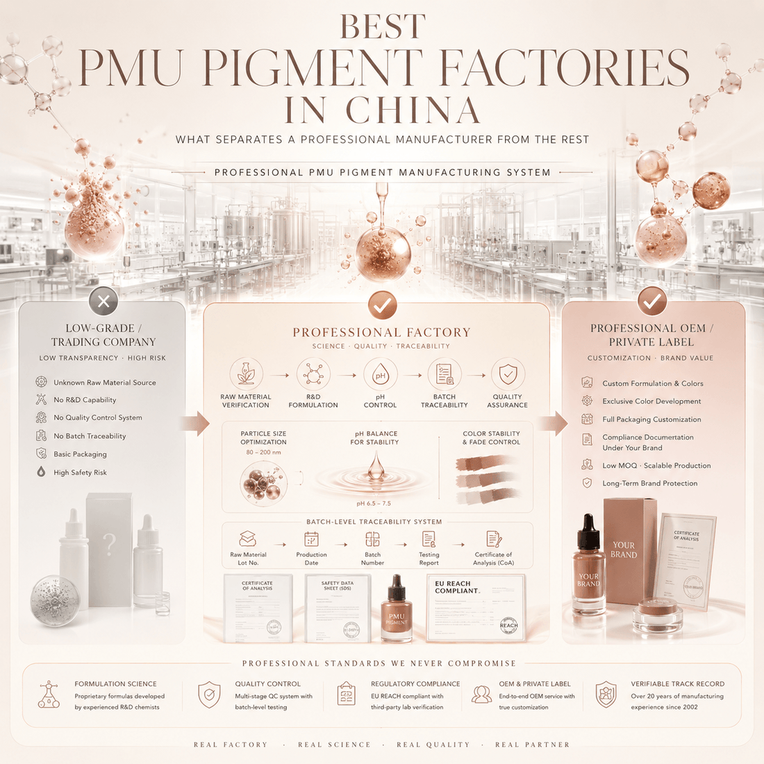 Luxury infographic showing the difference between professional PMU pigment factories, low-grade producers, and OEM services, highlighting formulation science, QC, compliance, and batch traceability.