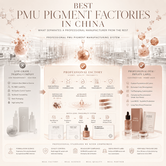 Luxury infographic showing the difference between professional PMU pigment factories, low-grade producers, and OEM services, highlighting formulation science, QC, compliance, and batch traceability.