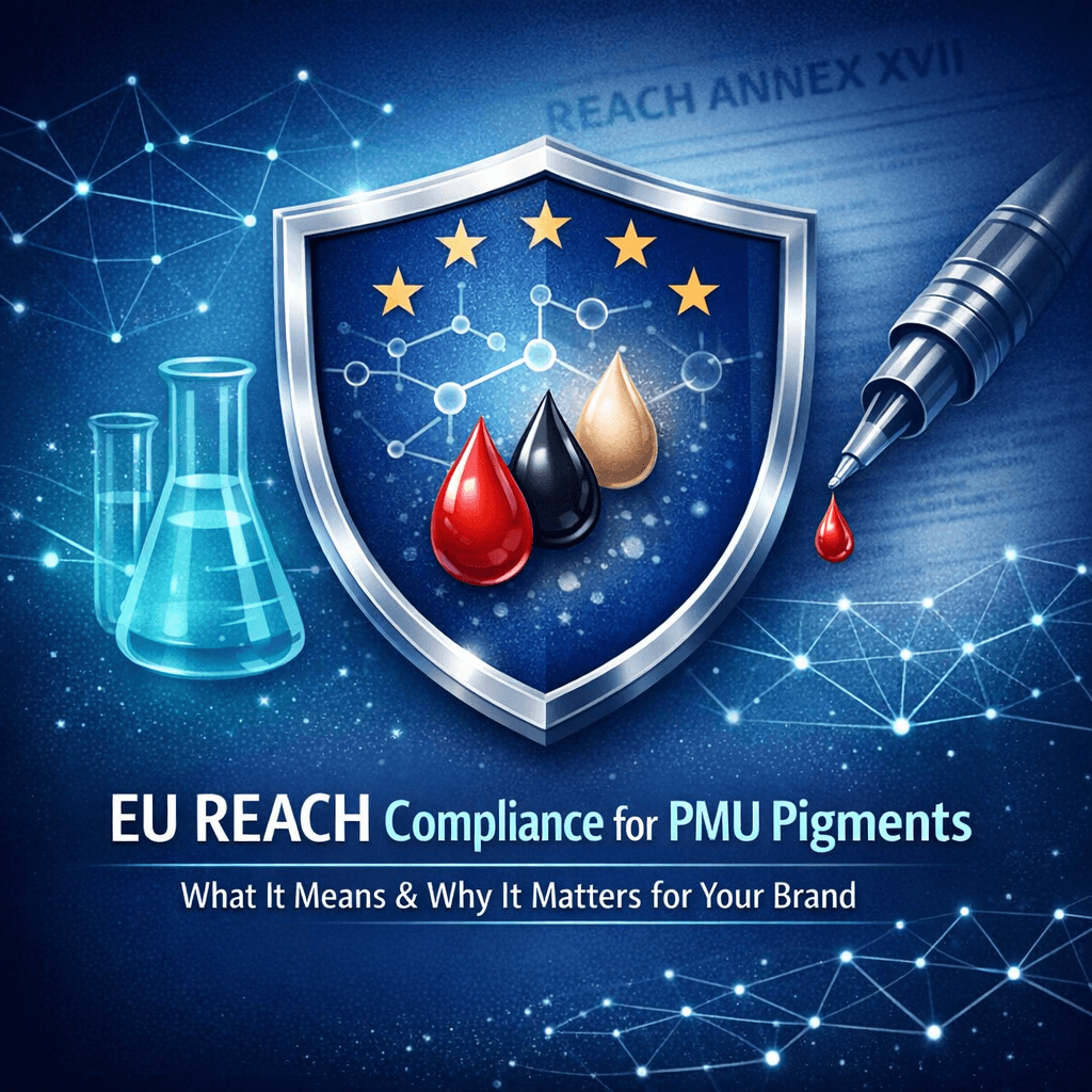 EU REACH compliance concept cover showing shield symbol, laboratory elements, and PMU pigment droplets representing regulated tattoo and permanent makeup pigment safety standards in Europe.