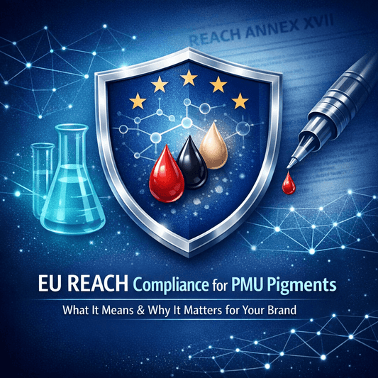 EU REACH compliance concept cover showing shield symbol, laboratory elements, and PMU pigment droplets representing regulated tattoo and permanent makeup pigment safety standards in Europe.