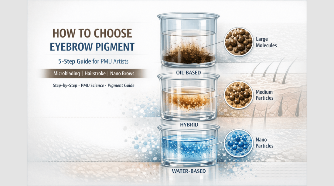 Infographic showing how to choose eyebrow pigment for PMU, including oil-based, hybrid, and water-based pigments with particle size comparison