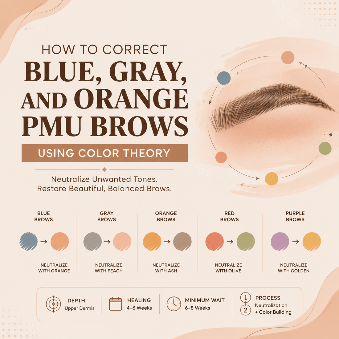Professional PMU brow color correction infographic showing blue, gray, orange, red, and purple eyebrow neutralization using color theory and complementary color principles