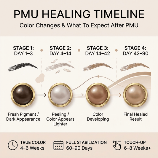 PMU healing timeline showing permanent makeup color changes from initial dark stage to final healed result with four healing stages