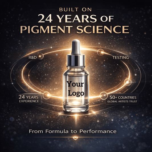 Premium pigment manufacturing infographic showing 24 years of experience in PMU pigment formulation and production