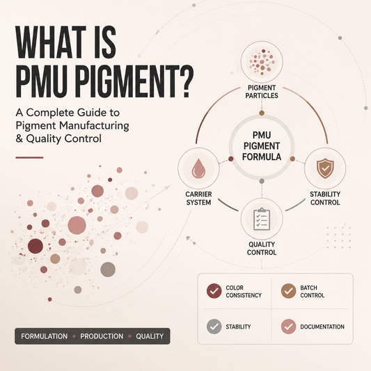 Abstract visualization of PMU pigment manufacturing process showing pigment particles, color formulation, and quality control concept for permanent makeup pigment production