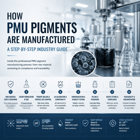 PMU pigment manufacturing step-by-step industrial process infographic showing raw material screening, pigment milling, pH calibration, stability testing, filling, and batch traceability in a professional laboratory environment