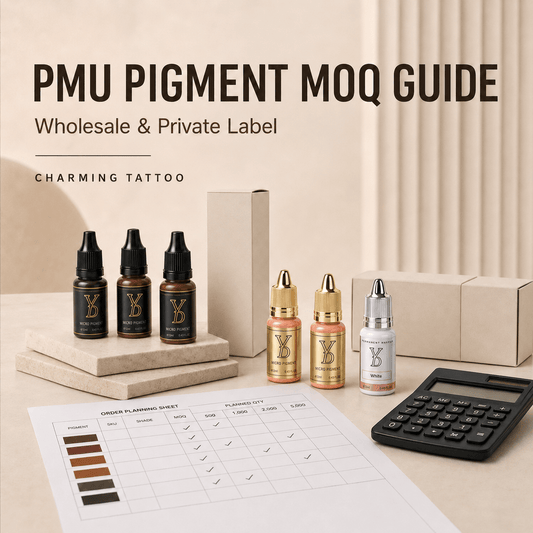 Private-label PMU pigment MOQ planning with pigment bottles, packaging boxes, order sheet and calculator