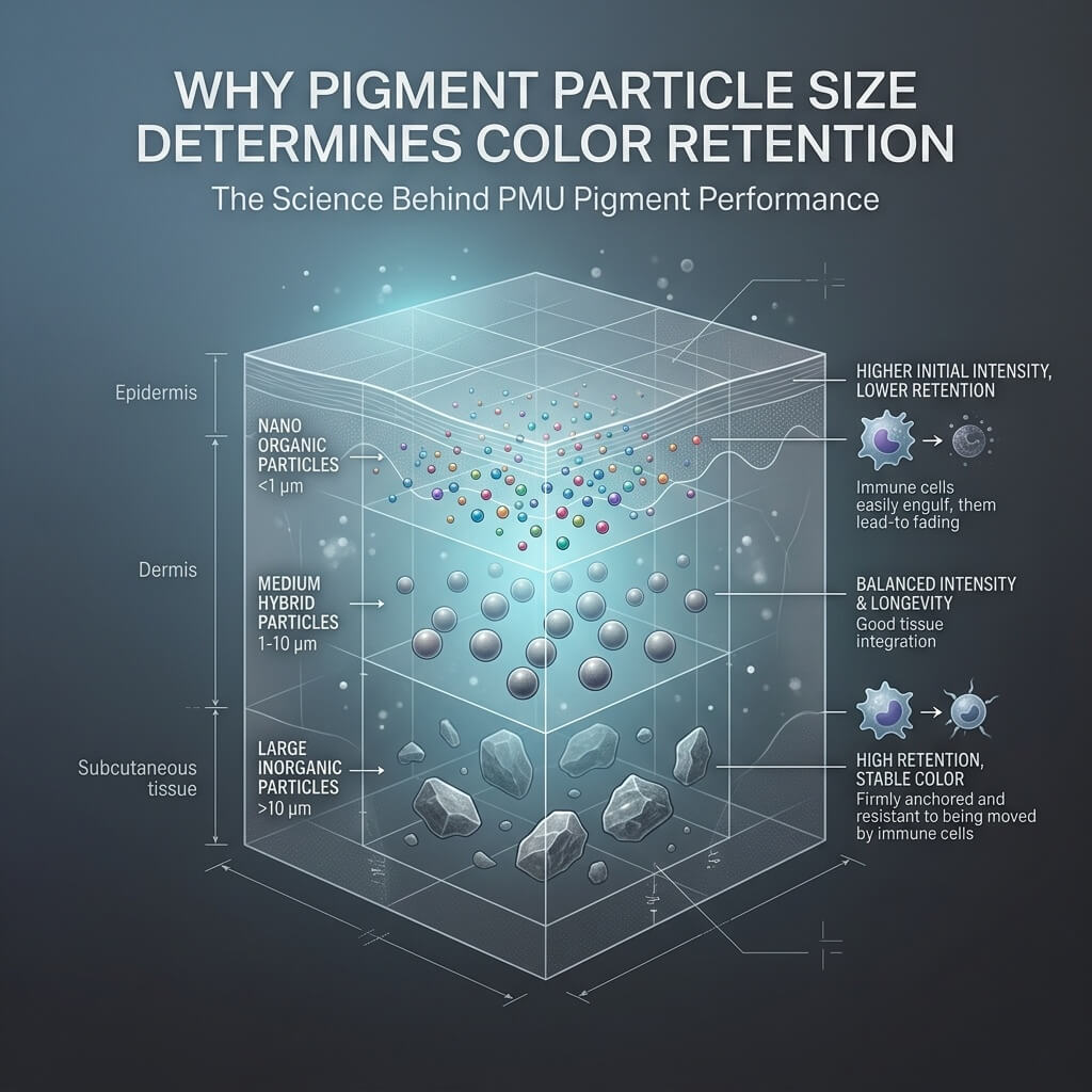 Luxury scientific editorial cover illustrating how PMU pigment particle size affects implantation, fading, and color retention in the skin.