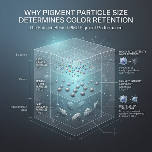 Luxury scientific editorial cover illustrating how PMU pigment particle size affects implantation, fading, and color retention in the skin.