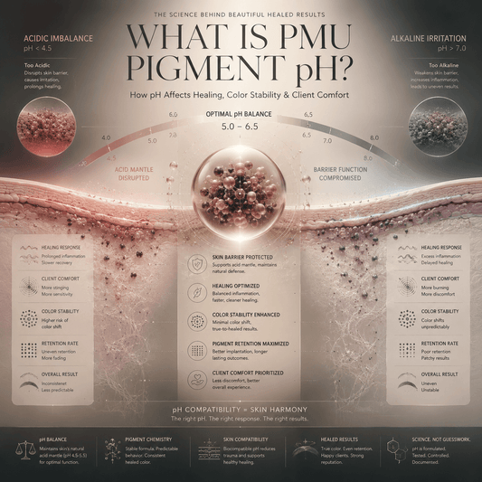 Luxury scientific illustration showing how PMU pigment pH balance affects skin healing, color stability, pigment retention, and client comfort.