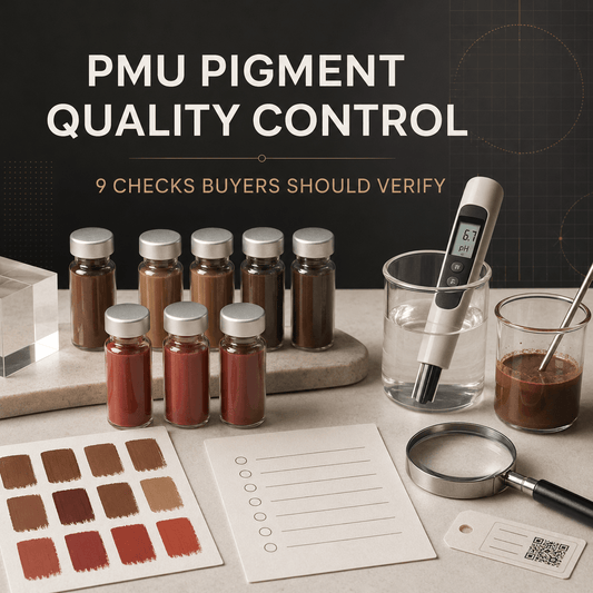 PMU pigment quality control cover showing sample vials, color swatches, pH meter, viscosity tools and a buyer checklist