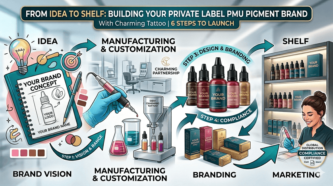 Private label PMU pigment manufacturing process by Charming Tattoo from concept development to branded packaging and global distribution