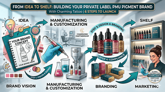 Private label PMU pigment manufacturing process by Charming Tattoo from concept development to branded packaging and global distribution