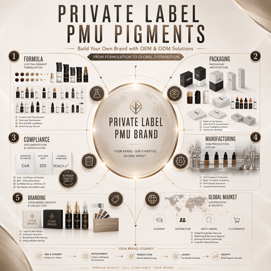 Luxury infographic showing the complete private label PMU pigment ecosystem including formulation development, packaging design, compliance documentation, manufacturing, branding, and global distribution.